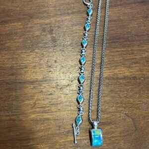 SS Inlaid Yellow and Blue Stone Pendant Necklace with matching Bracelet